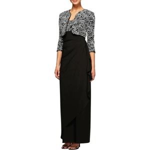 NWT Alex Evenings  Empire Waist Gown with Bolero Jacket Black + Silver Size 10